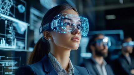 Innovative woman wearing virtual reality glasses in tech environment