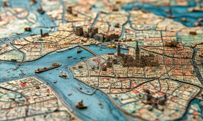 Intricate wooden city model, river, ships, aerial view, historical design, puzzle