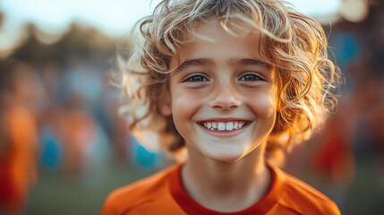 Young boy smiles brightly during soccer practice at a local field in the evening sunlight with teammates in the background