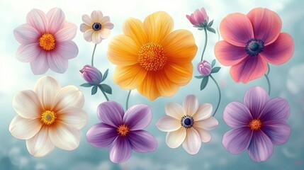 Obraz premium Vibrant Spring Floral Arrangement with Daffodil Sunflower Crocus Daisy Peony Chrysanthemum in Watercolor Style