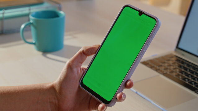 Online customer browsing mockup cellphone for remote purchases at home closeup
