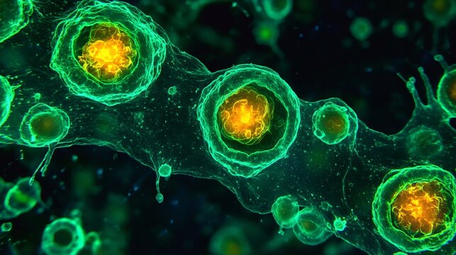 Fluorescent endosomes fusing lysosomes highlighting intracellular digestion and material recycling