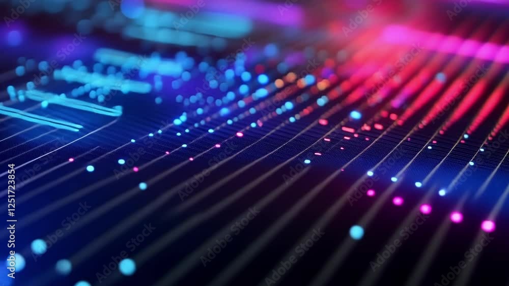 Poster flowing pink and blue particles against a dark background create a captivating futuristic data strea