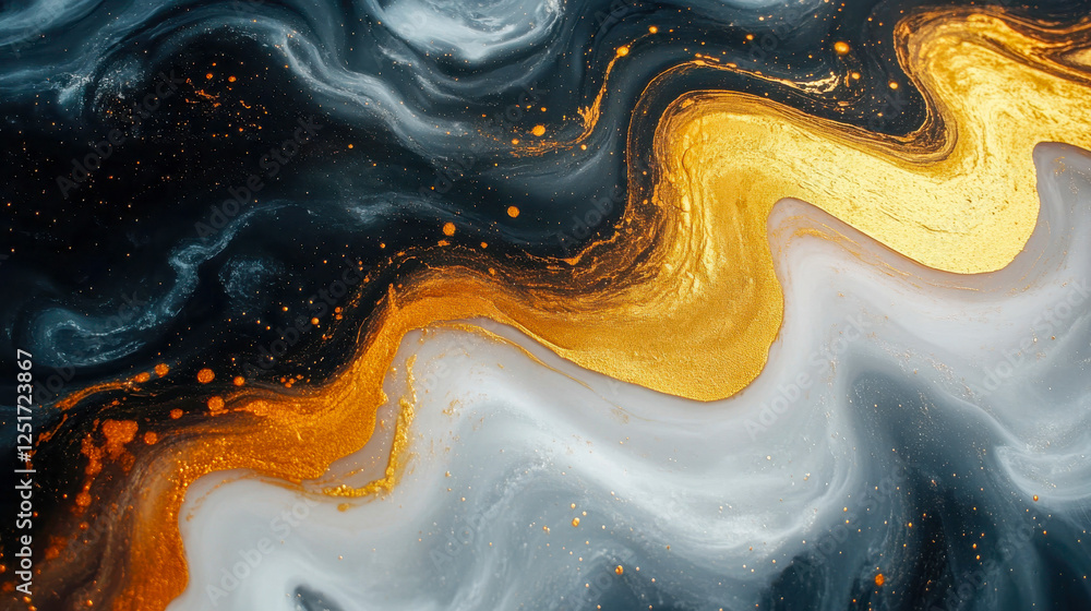Poster abstract artistic image with fluid golden and black waves resembling paint flowing in a dynamic comp