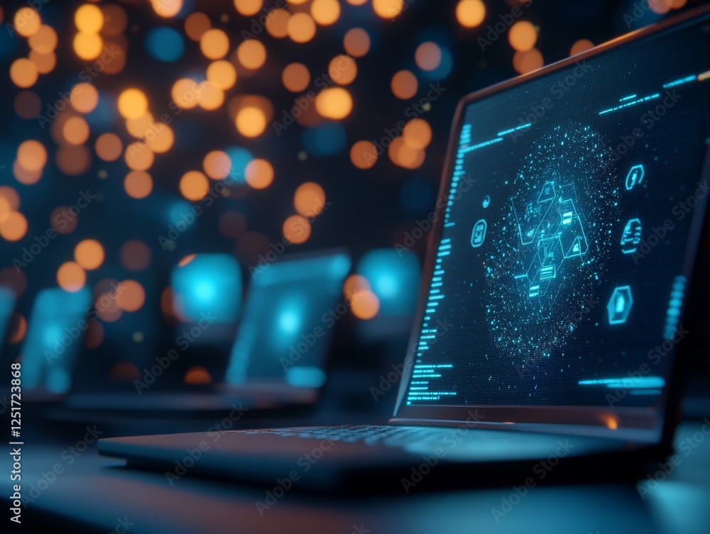 Poster futuristic digital workspace with glowing screens and data visualization