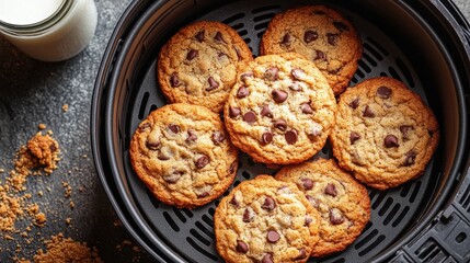 Freshly baked chocolate chip cookies cooling on a rack near a glass of milk in a cozy kitchen setting