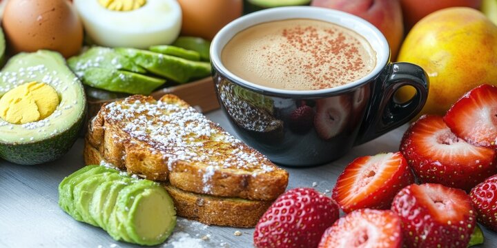 Colorful assortment of breakfast foods, including toast with a sprinkle of cinnamon, strawberries, avocado slices, eggs, coffee, and a variety of fruits such as peaches, strawberries, kiwi, and