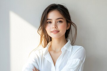 Calm introspective woman in white shirt, medium close-up portrait, beautiful natural light, relaxed pose, smiling, confident expression