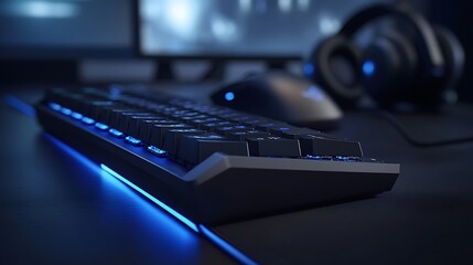 Illuminated Gaming Keyboard Setup With Headset and Mouse