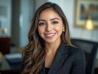 Fototapeta premium The image features a woman in a professional office setting. She is dressed in business attire, consisting of a blazer and trousers with a glittery top. Her smile radiates confidence, suggesting she