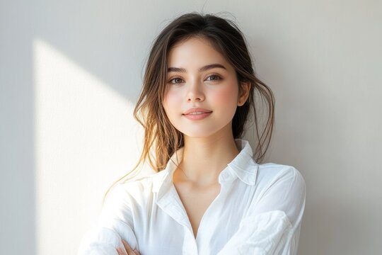 Calm introspective woman in white shirt, medium close-up portrait, beautiful natural light, relaxed pose, smiling, confident expression