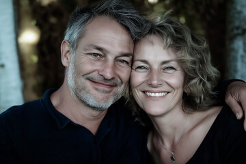 Fototapeta premium A married couple, husband and wife in their 50s, hugging and smiling in the foreground