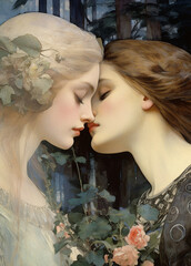 The woman with delicate white flowers in her blonde hair and wearing a translucent garment, and the woman with rich brown hair is wearing an elegant dress with intricate patterns. 