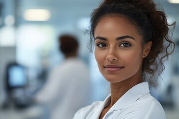 Fototapeta premium Confident woman in lab coat smiles in a busy laboratory filled with advanced technology and medical professionals during daytime