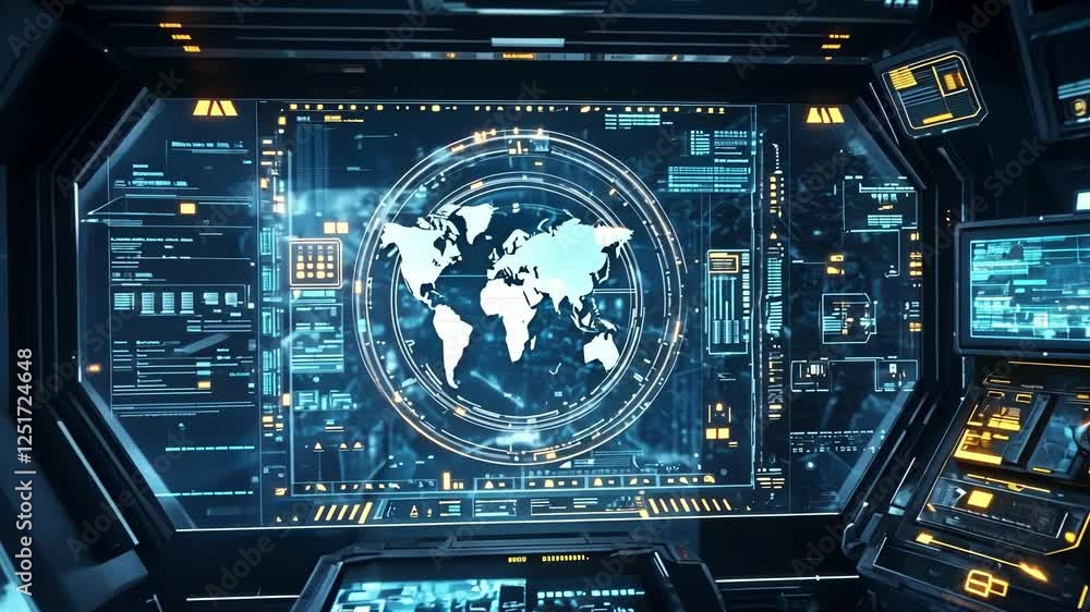 Poster complex control panel featuring holographic planet earth and various data streams on multiple digita
