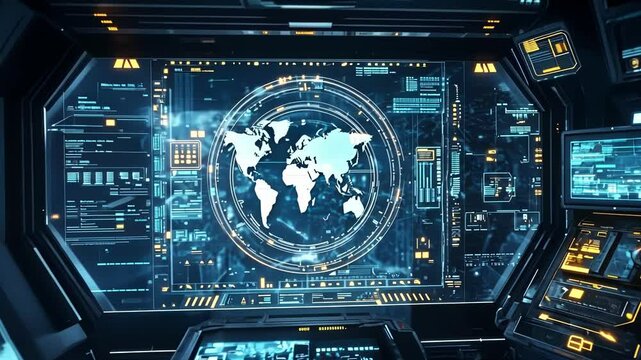 Complex control panel featuring holographic planet earth and various data streams on multiple digital displays in a futuristic spaceship cockpit environment