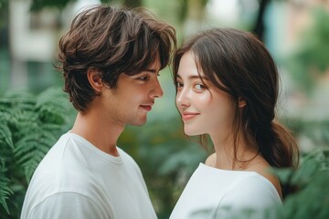 Obraz premium Young Couple Talking Outdoors Wearing Masks in Urban Park
