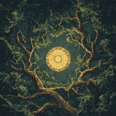 A conceptual digital painting featuring the Wheel of Samsara seamlessly merging with the branches of a massive ancient tree. 