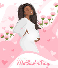 Happy mother's day illustration with pregnant girl in white dress and flowers