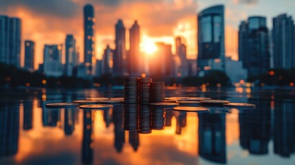 Fototapeta premium Urban Growth and Economic Development in a Cityscape at Sunset Featuring a Stack of Coins