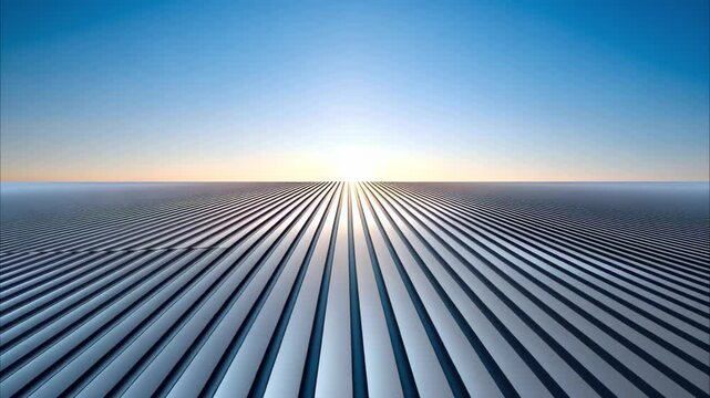 A horizon with reflective, parallel lines leading to a bright, sunlit skyline under a clear blue sky.