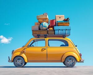 Retro car loaded with luggage on sunny day, perfect for travel brochures