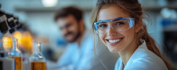Smiling scientist in laboratory wearing safety goggles while conducting experiments with liquids during the day