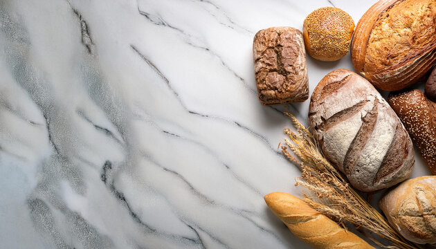 entire and portions of different homemade natural bread on a gray marble history with reproduction area flat lay