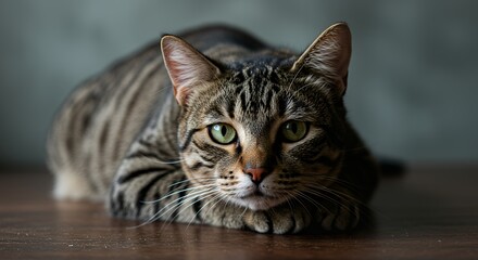 Tabby Cat Resting Alertly on Wood Surface Close-up Portrait