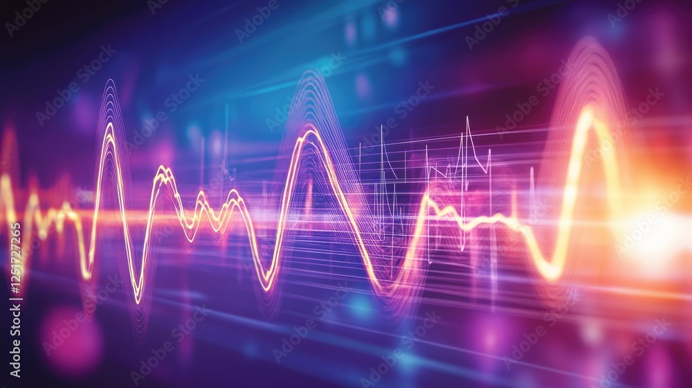 Poster an abstract representation of heartbeats with glowing lines and pulsating waves, against a soft grad