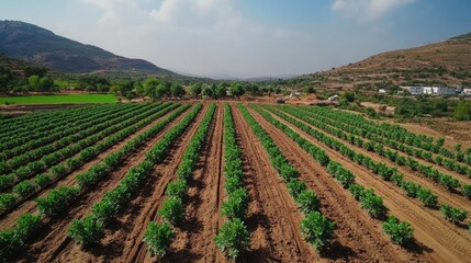 An aerial view of a reforestation project in action, with rows of newly planted saplings stretching across the landscape, highlighting efforts to combat deforestation