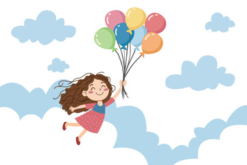 Happy Little Girls Characters Flying in the sky