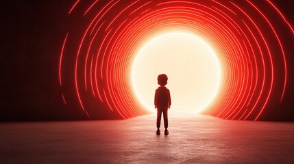 Child Standing in Tunnel with Bright Light and Red Neon Glow