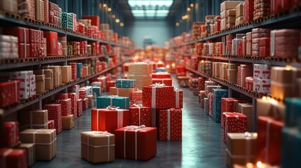 A Vibrant Warehouse of Colorful Gifts Showcasing Holiday Cheer and Abundant Presents