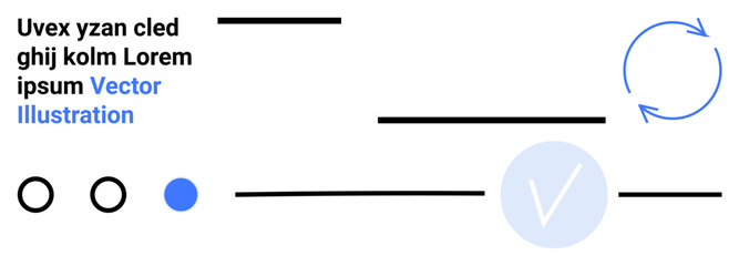 Placeholder text near bold horizontal lines, a blue circular checkmark, and a recycling arrow. Three circles one filled blue. Ideal for presentations, posters, web pages, infographics, diagrams
