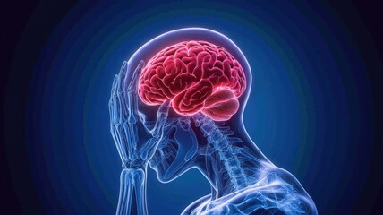 Human brain highlighted in red showing migraine or headache medical with x ray effect and hands touching head