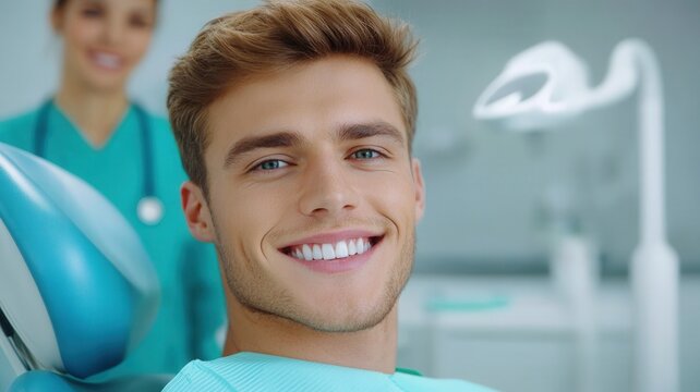 Happy patient man smiling with bright white teeth following successful dental treatment in modern clinical setting - Powered by Adobe