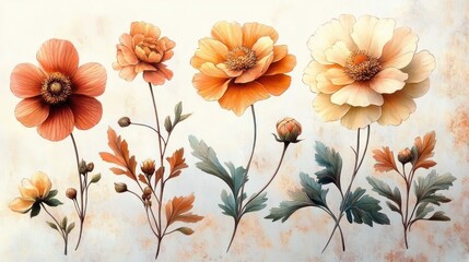 Vintage Floral Illustration of Handpainted Marsala Dahlias Chamomile Marigold Flowers in Soft Pastel Colors