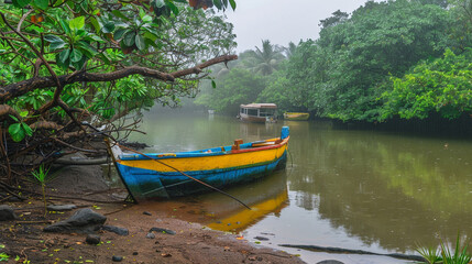 Obraz premium a small boat seen in a misty river in india