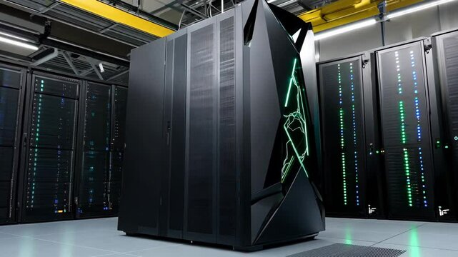 A high tech computing system in a modern data center with cutting edge tech and dynamic lighting for an enhanced atmosphere