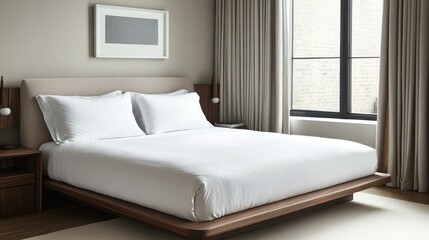 Fototapeta premium An elegant bedroom with a low-profile bed, crisp white linens, and minimal decor, featuring a large window that lets in soft, natural light.