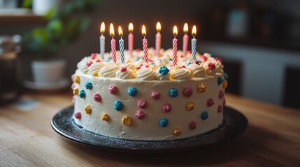 A decorated birthday cake with candles, ready for celebration.