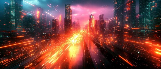 Fototapeta premium Futuristic Cityscape Dynamic Motion Energy Neon Lights Urban Exploration