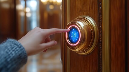 Woman's finger presses luxury elevator button in opulent lobby