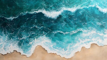 Aerial view of ocean waves crashing onto a sandy beach, showcasing the power and beauty of nature with a vibrant blue and white color palette
