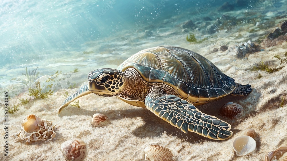 Poster an elegant image of a sea turtle moving slowly across a sandy seabed, surrounded by a few scattered 