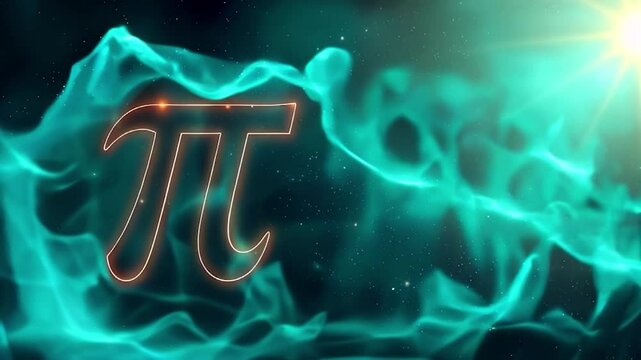 Dynamic Pi Day video concept, featuring animated turquoise smoke with the Pi symbol on dusted glass