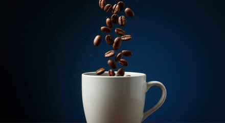 Roasted coffee beans falling into white mug against dark blue background