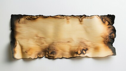 A close-up shot of a burnt piece of paper with a textured surface. The edges are charred, and the center is a light beige color.