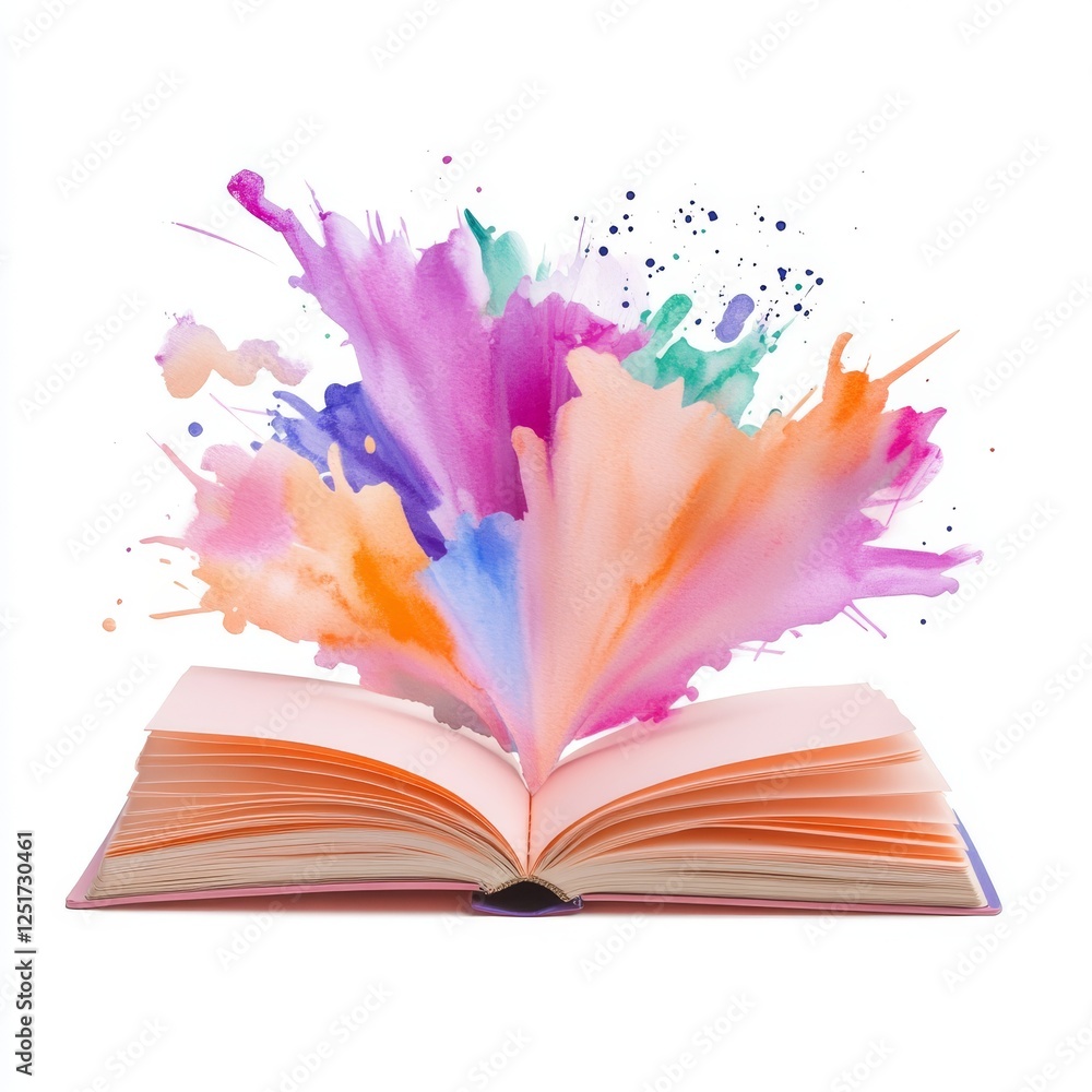 Poster open notebook with colorful watercolor splashes emerging from its pages, symbolizing creativity and 